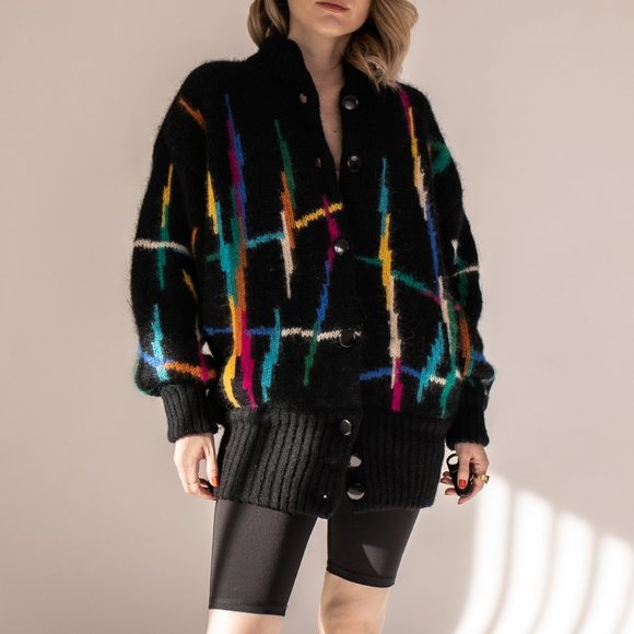 Vintage 80s mohair abstract stripe chunky cardigan - Picture 5 of 10